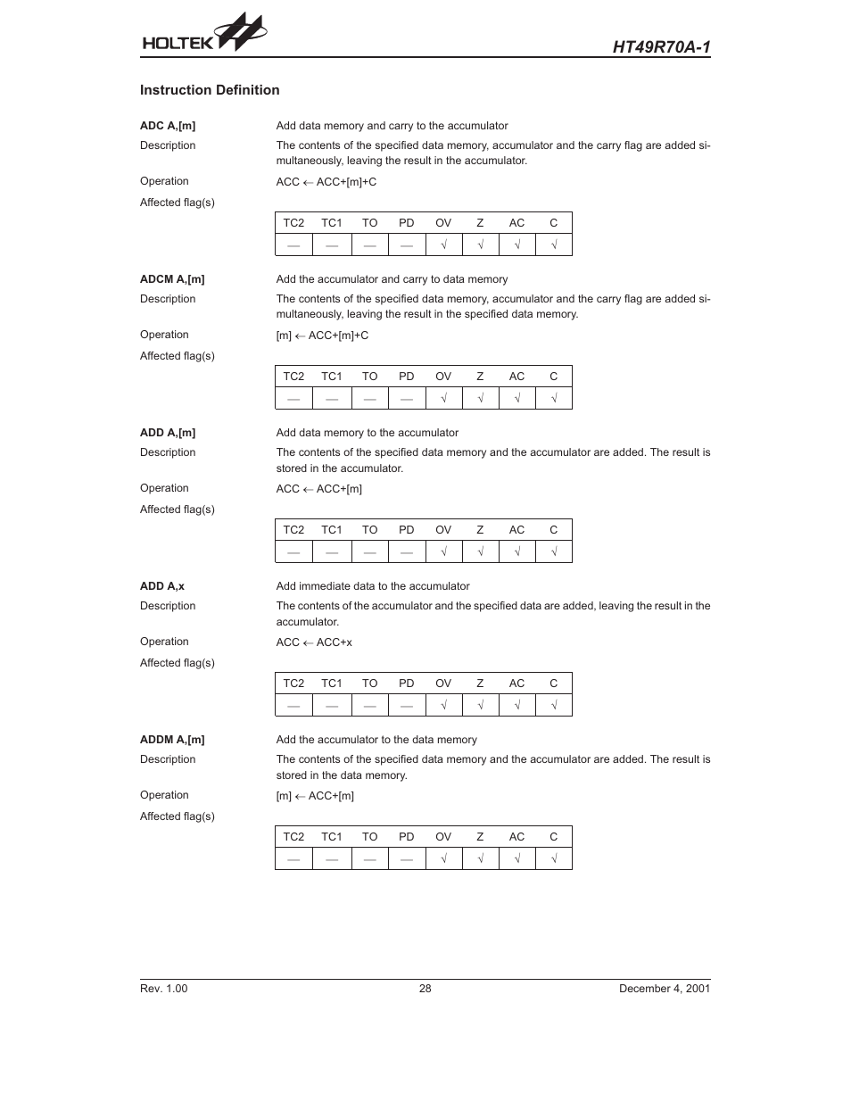 Instruction definition | Rainbow Electronics HT49R70A-1 User Manual | Page 28 / 41