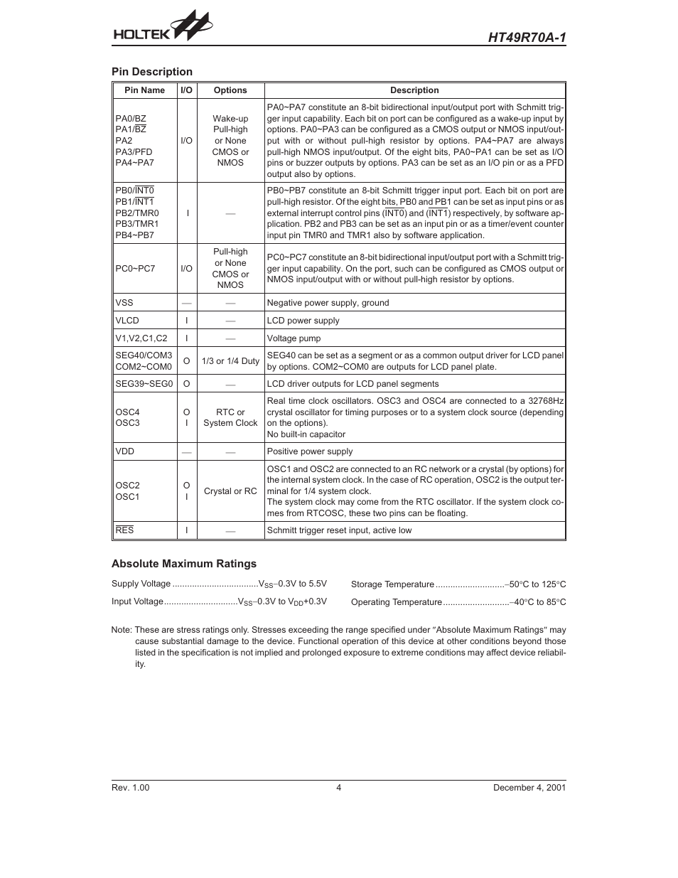 Pin description, Absolute maximum ratings | Rainbow Electronics HT49R70A-1 User Manual | Page 4 / 41