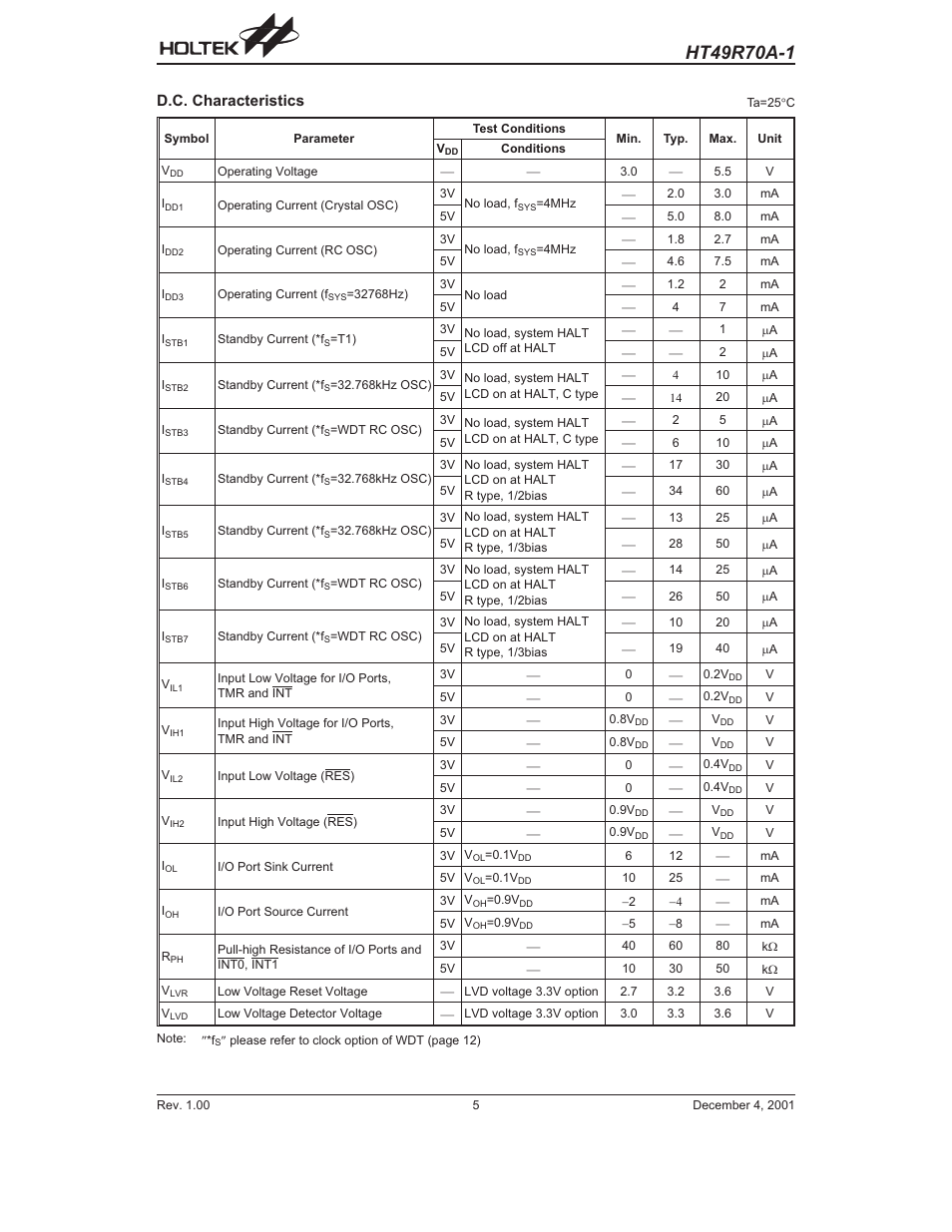 D.c. characteristics | Rainbow Electronics HT49R70A-1 User Manual | Page 5 / 41