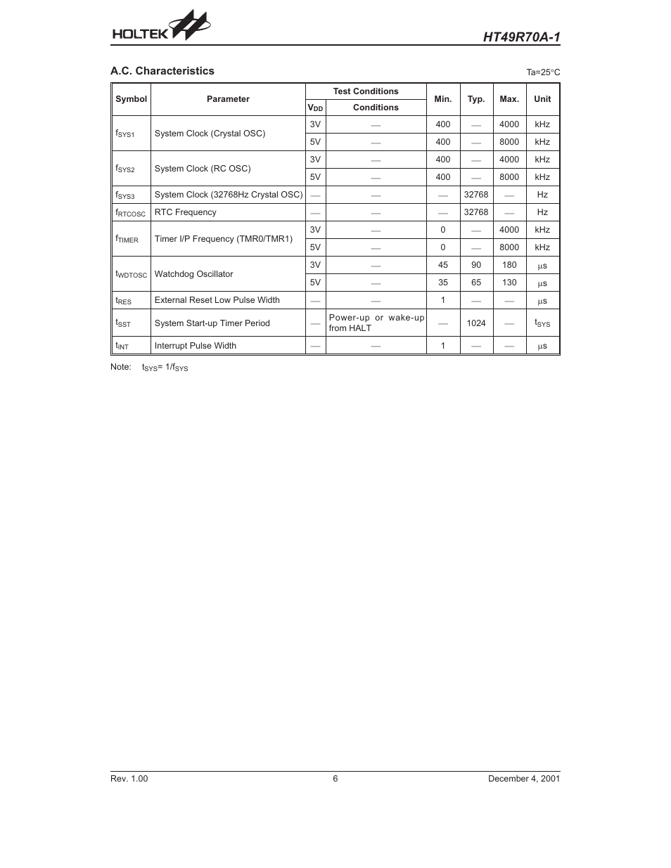 A.c. characteristics | Rainbow Electronics HT49R70A-1 User Manual | Page 6 / 41