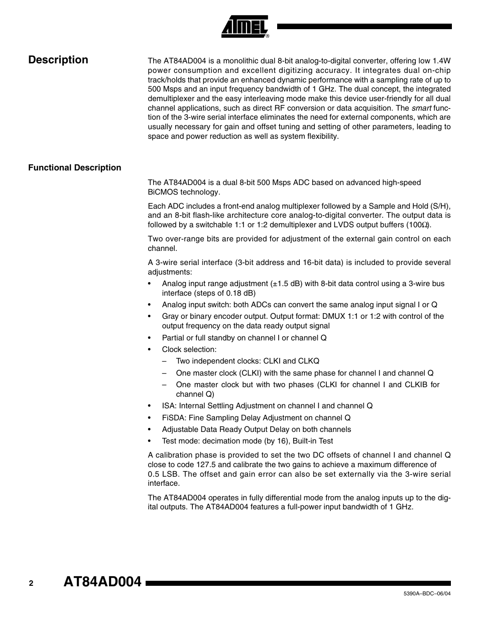 Description, Functional description | Rainbow Electronics AT84AD004 User Manual | Page 2 / 58