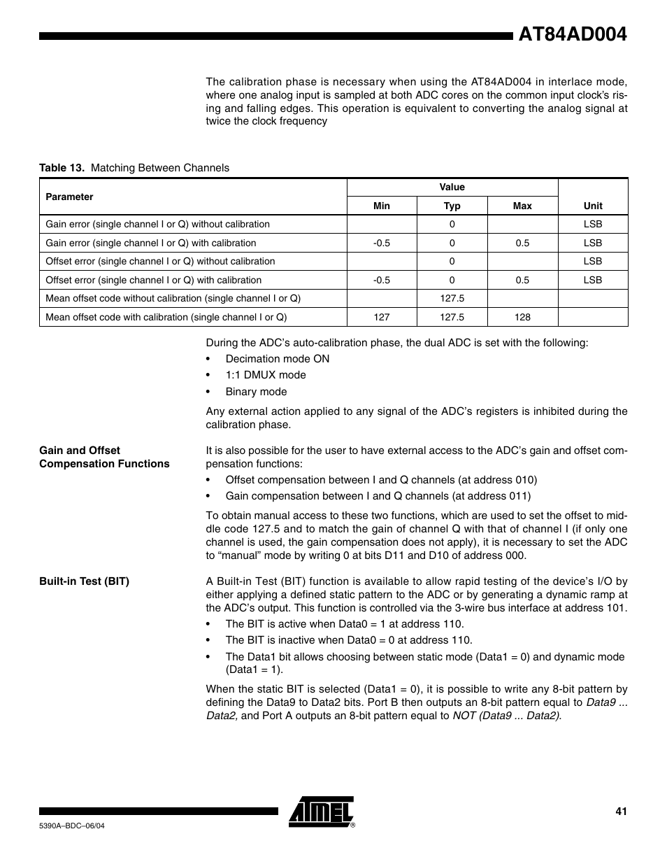 Gain and offset compensation functions, Built-in test (bit) | Rainbow Electronics AT84AD004 User Manual | Page 41 / 58