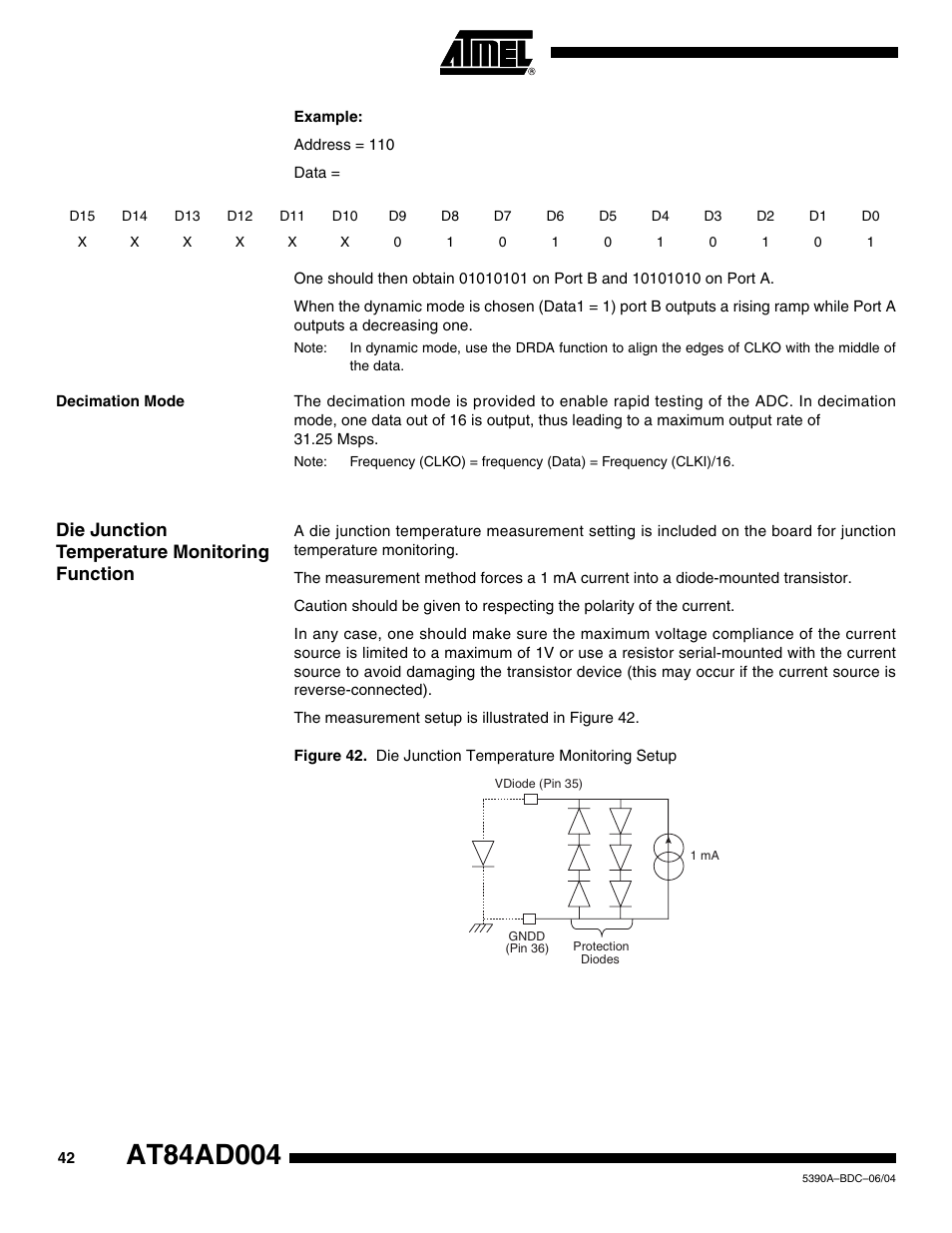 Decimation mode, Die junction temperature monitoring function | Rainbow Electronics AT84AD004 User Manual | Page 42 / 58