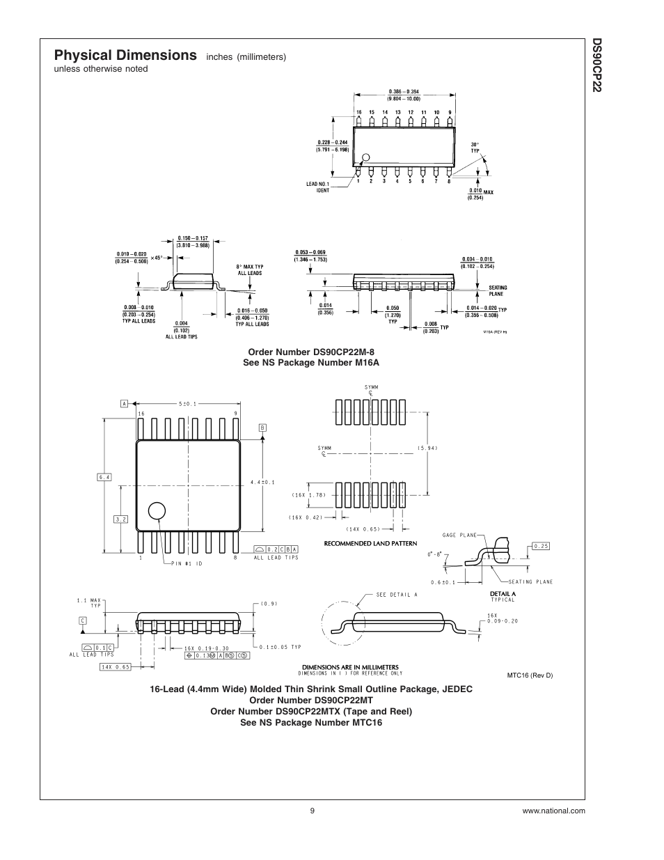 Physical dimensions | Rainbow Electronics DS90CP22 User Manual | Page 9 / 10