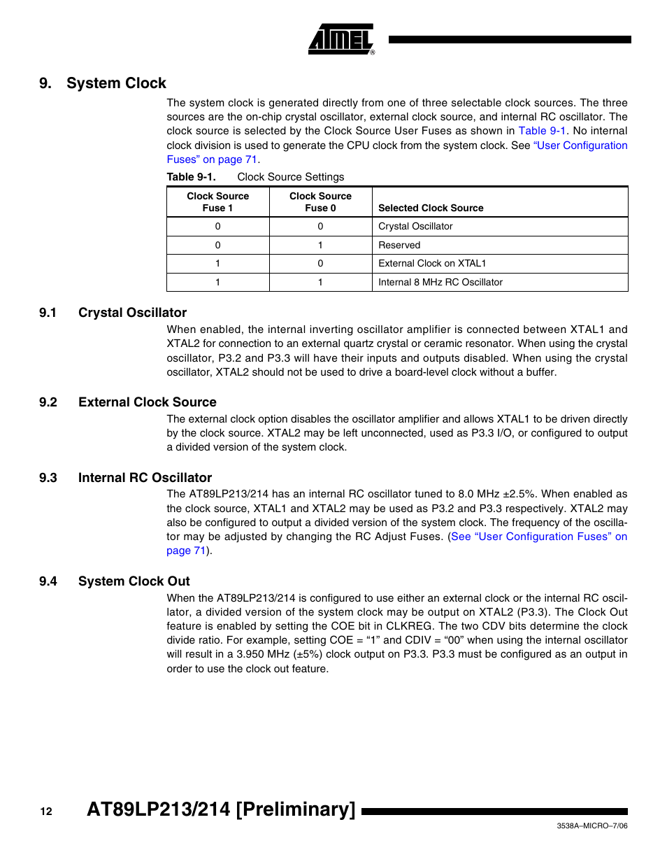 System clock, 1 crystal oscillator, 2 external clock source | 3 internal rc oscillator, 4 system clock out | Rainbow Electronics AT89LP214 User Manual | Page 12 / 90