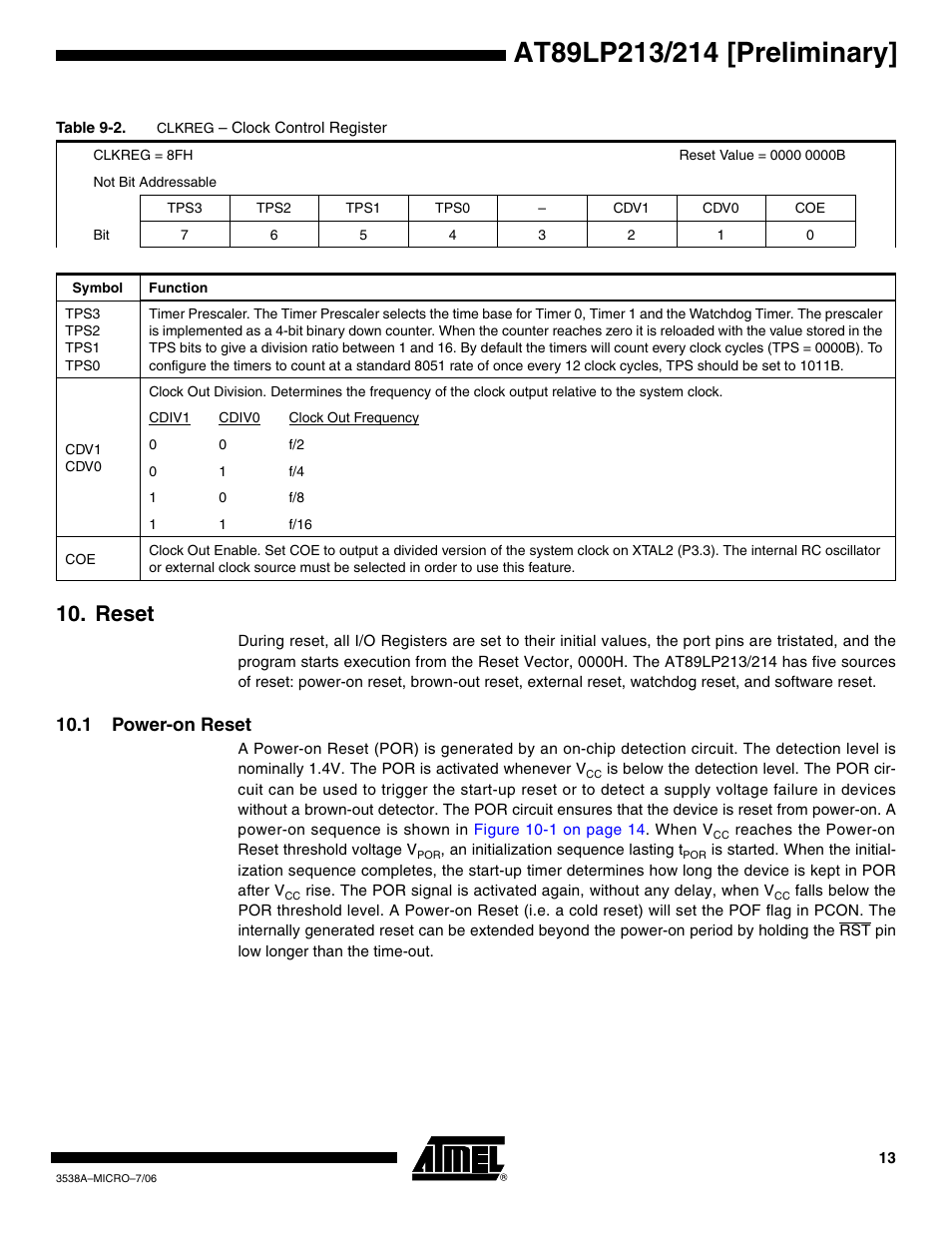 Reset, 1 power-on reset | Rainbow Electronics AT89LP214 User Manual | Page 13 / 90