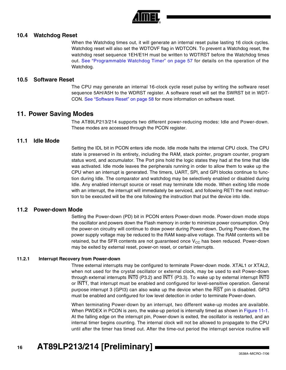 4 watchdog reset, 5 software reset, Power saving modes | 1 idle mode, 2 power-down mode | Rainbow Electronics AT89LP214 User Manual | Page 16 / 90