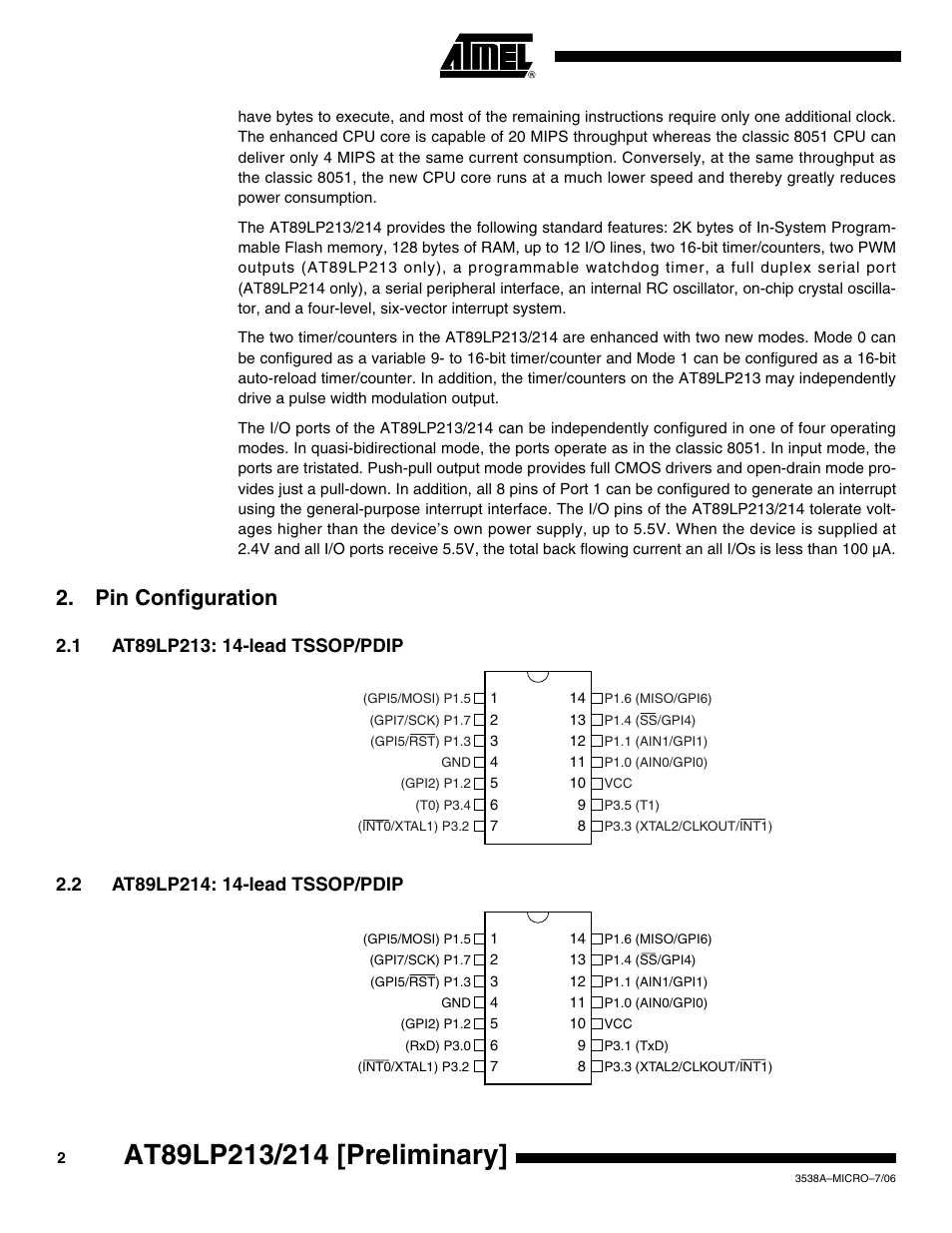 Pin configuration, 1 at89lp213: 14-lead tssop/pdip, 2 at89lp214: 14-lead tssop/pdip | Rainbow Electronics AT89LP214 User Manual | Page 2 / 90