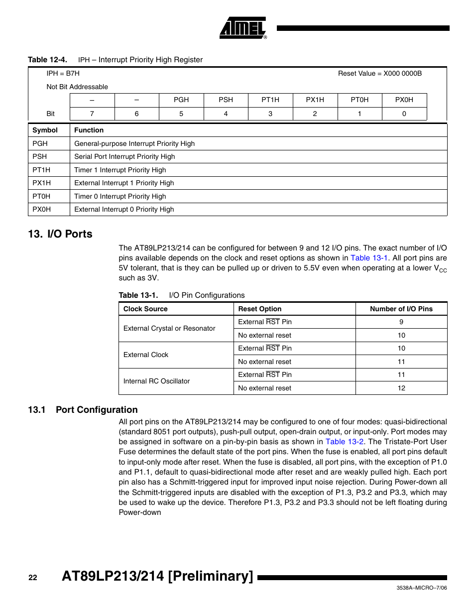 I/o ports, 1 port configuration | Rainbow Electronics AT89LP214 User Manual | Page 22 / 90