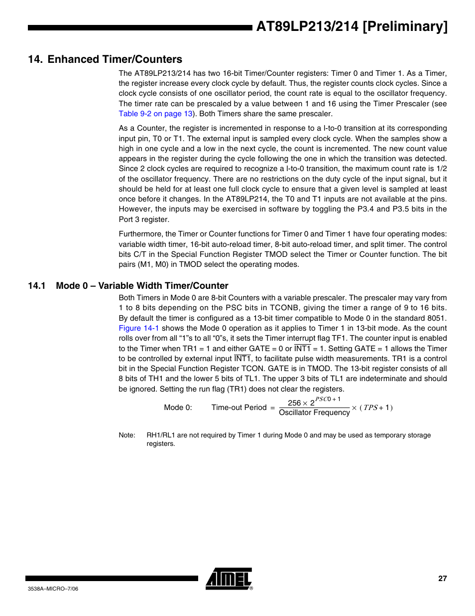 Enhanced timer/counters, 1 mode 0 - variable width timer/counter | Rainbow Electronics AT89LP214 User Manual | Page 27 / 90