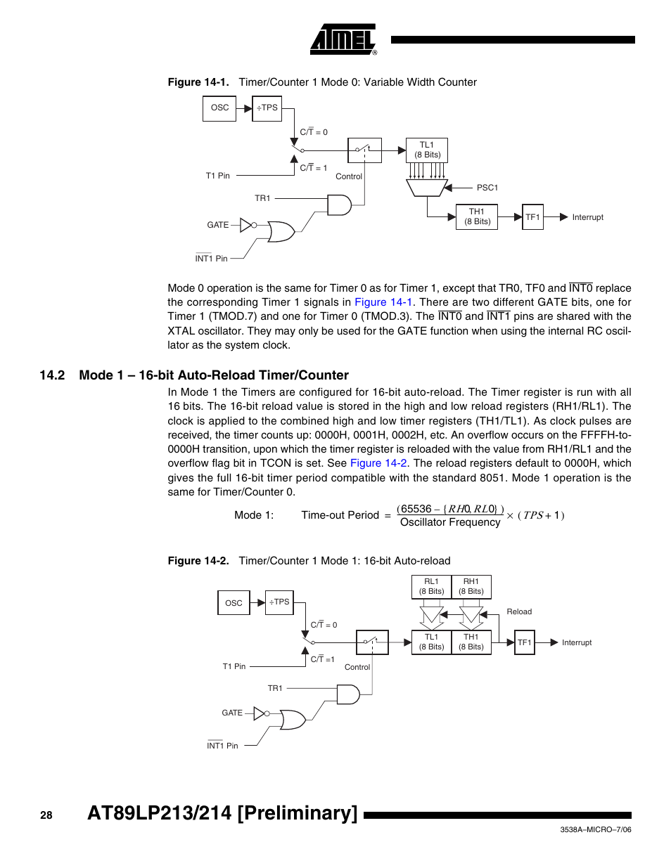 2 mode 1 - 16-bit auto-reload timer/counter, 2 mode 1 – 16-bit auto-reload timer/counter | Rainbow Electronics AT89LP214 User Manual | Page 28 / 90