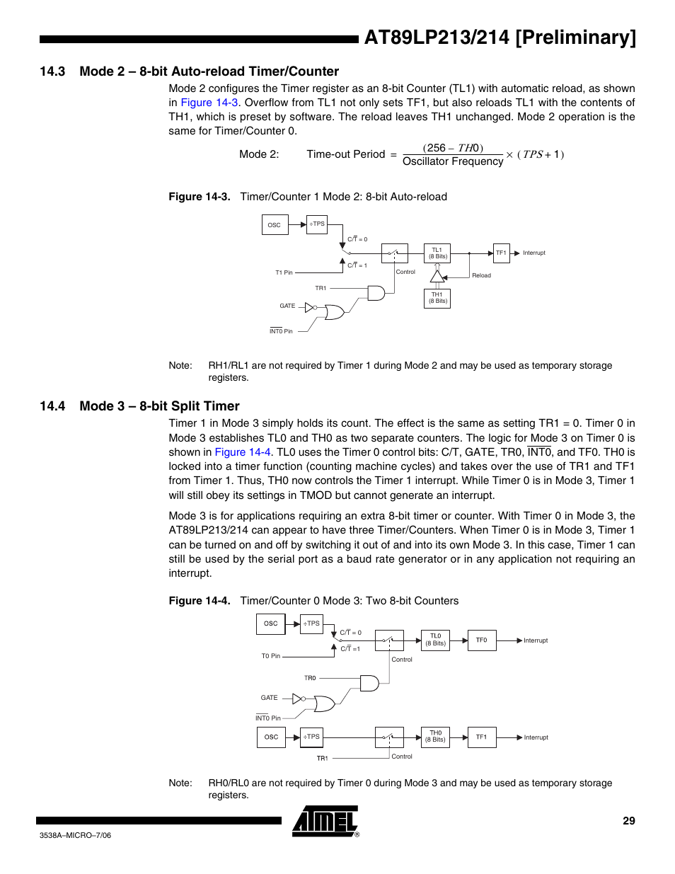 3 mode 2 - 8-bit auto-reload timer/counter, 4 mode 3 - 8-bit split timer, 3 mode 2 – 8-bit auto-reload timer/counter | 4 mode 3 – 8-bit split timer | Rainbow Electronics AT89LP214 User Manual | Page 29 / 90
