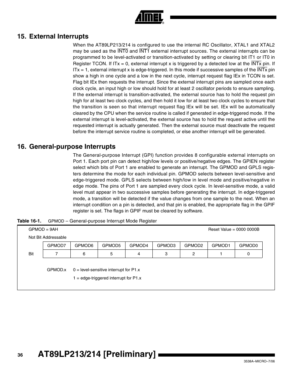 External interrupts, General-purpose interrupts | Rainbow Electronics AT89LP214 User Manual | Page 36 / 90
