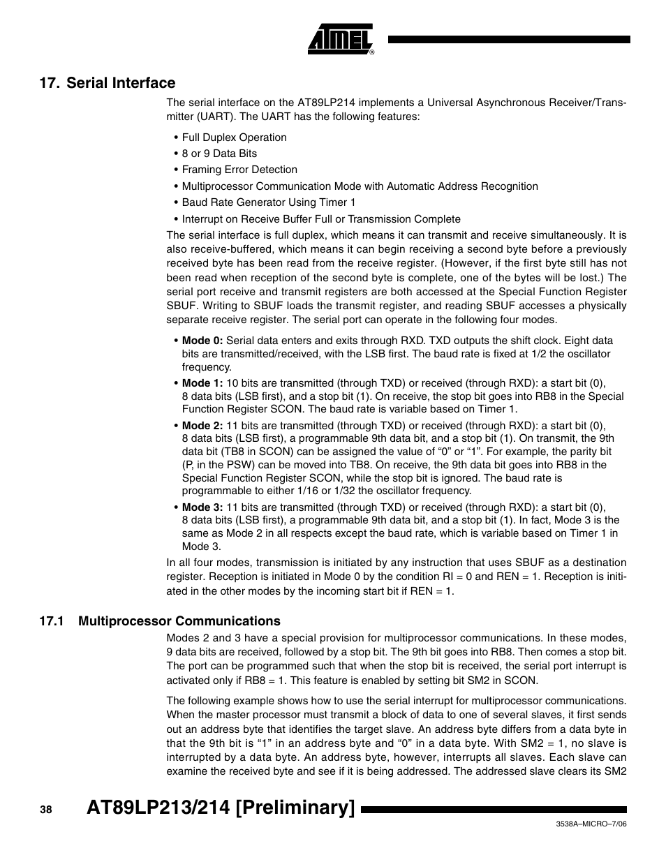 Serial interface, 1 multiprocessor communications | Rainbow Electronics AT89LP214 User Manual | Page 38 / 90