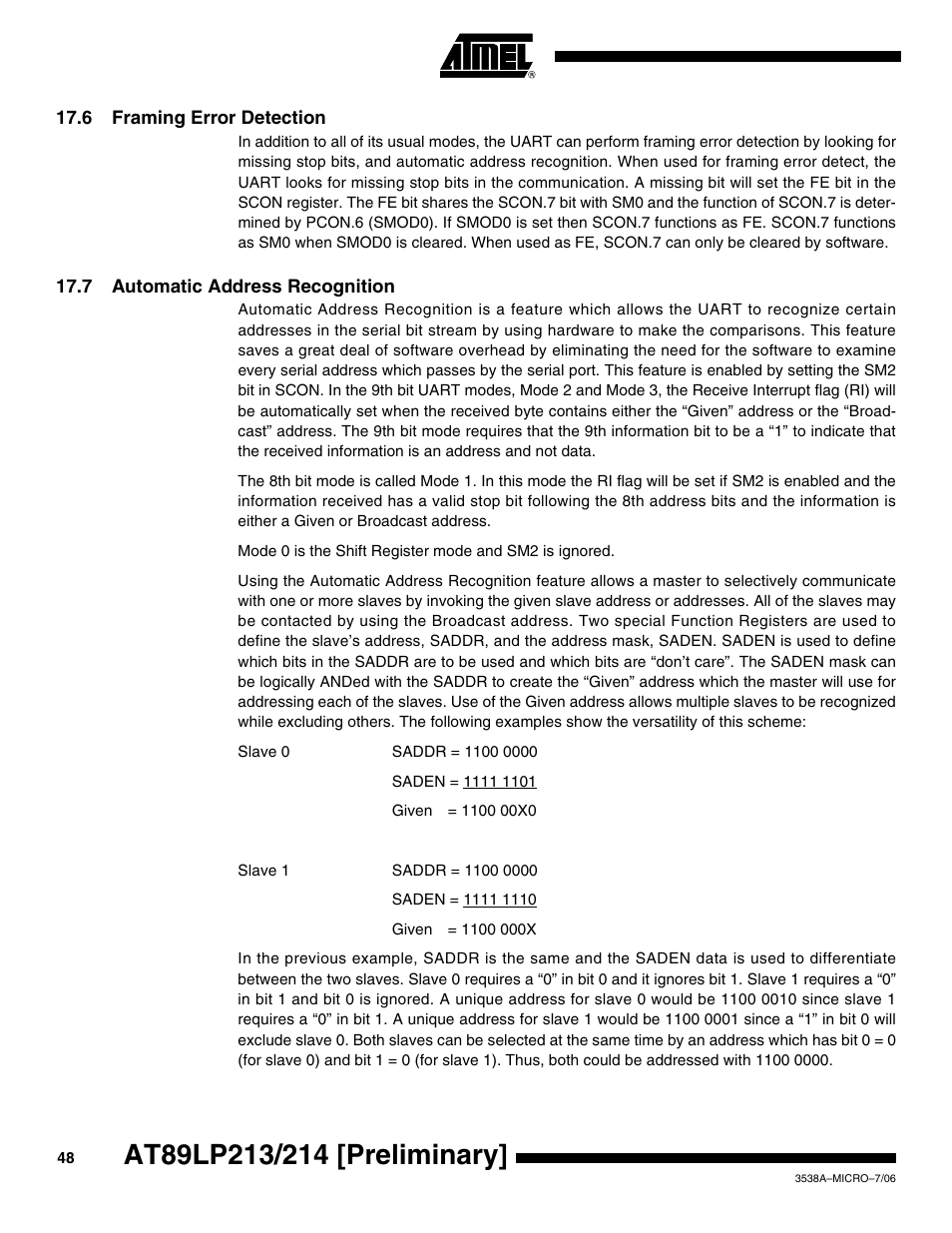 6 framing error detection, 7 automatic address recognition | Rainbow Electronics AT89LP214 User Manual | Page 48 / 90