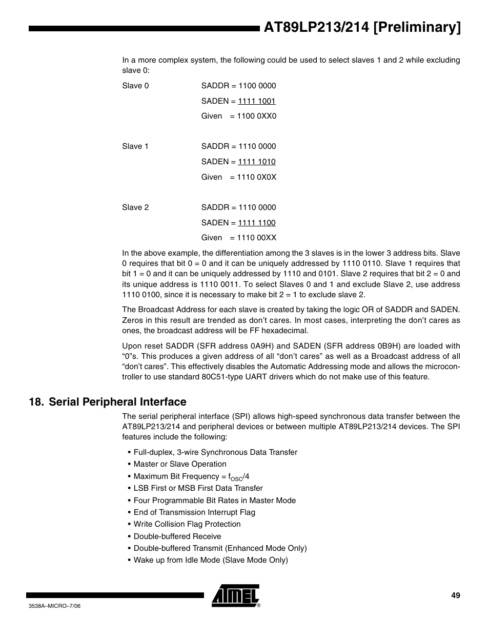 Serial peripheral interface | Rainbow Electronics AT89LP214 User Manual | Page 49 / 90