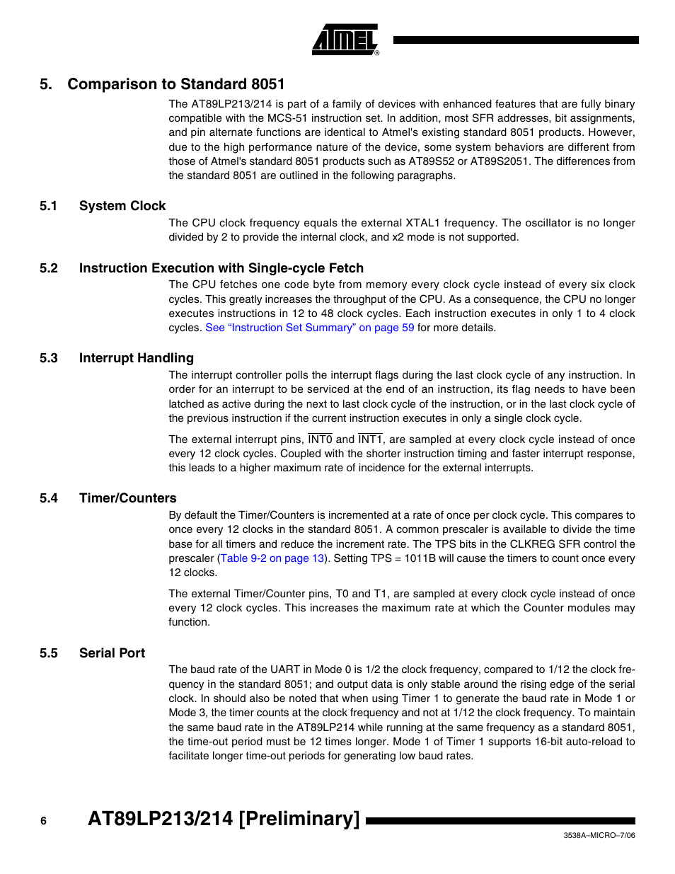Comparison to standard 8051, 1 system clock, 2 instruction execution with single-cycle fetch | 3 interrupt handling, 4 timer/counters, 5 serial port | Rainbow Electronics AT89LP214 User Manual | Page 6 / 90