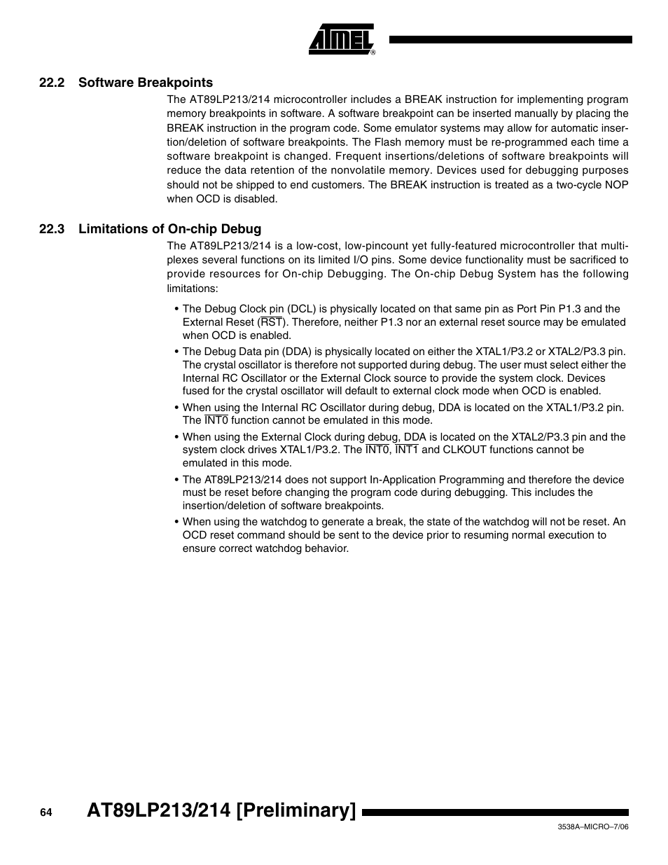 2 software breakpoints, 3 limitations of on-chip debug | Rainbow Electronics AT89LP214 User Manual | Page 64 / 90