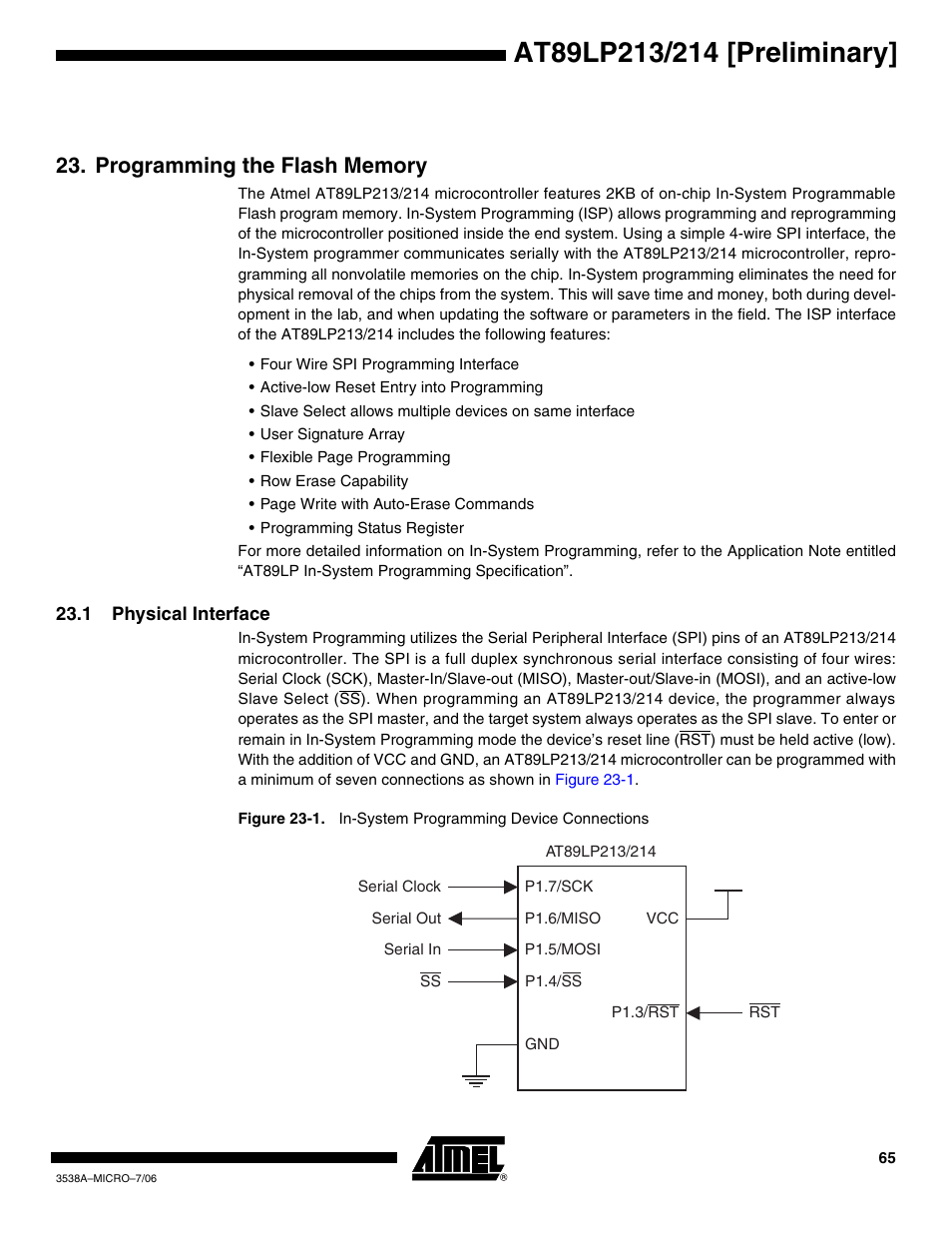 Programming the flash memory, 1 physical interface | Rainbow Electronics AT89LP214 User Manual | Page 65 / 90