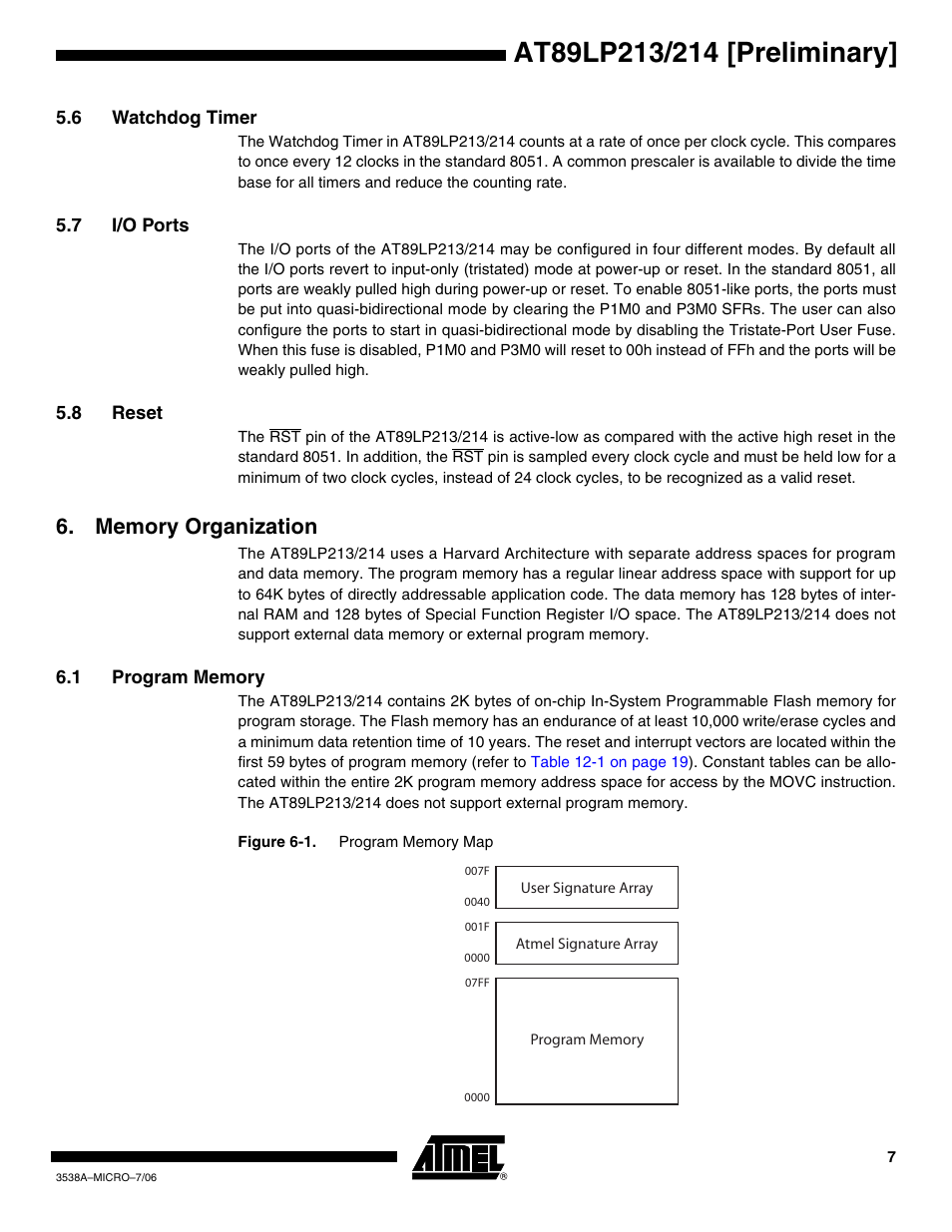 6 watchdog timer, 7 i/o ports, 8 reset | Memory organization, 1 program memory | Rainbow Electronics AT89LP214 User Manual | Page 7 / 90