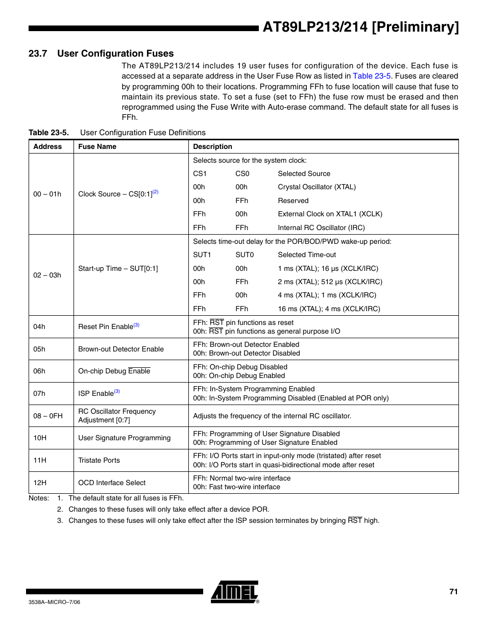 7 user configuration fuses, User configuration, Fuses | See “user configuration fuses” on | Rainbow Electronics AT89LP214 User Manual | Page 71 / 90