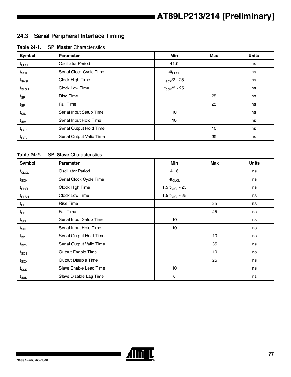 3 serial peripheral interface timing | Rainbow Electronics AT89LP214 User Manual | Page 77 / 90