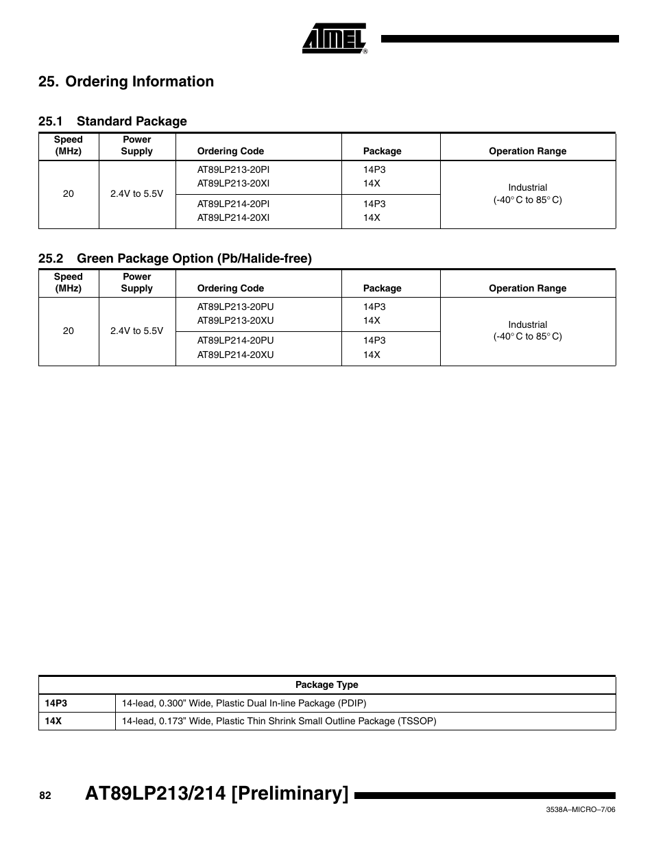 Ordering information, 1 standard package, 2 green package option (pb/halide-free) | Rainbow Electronics AT89LP214 User Manual | Page 82 / 90