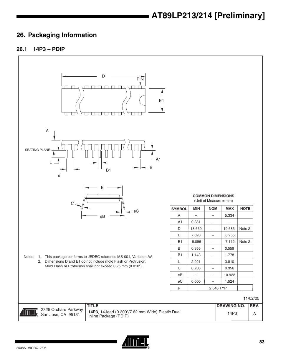 Packaging information, 1 14p3 - pdip, 1 14p3 – pdip | Rainbow Electronics AT89LP214 User Manual | Page 83 / 90