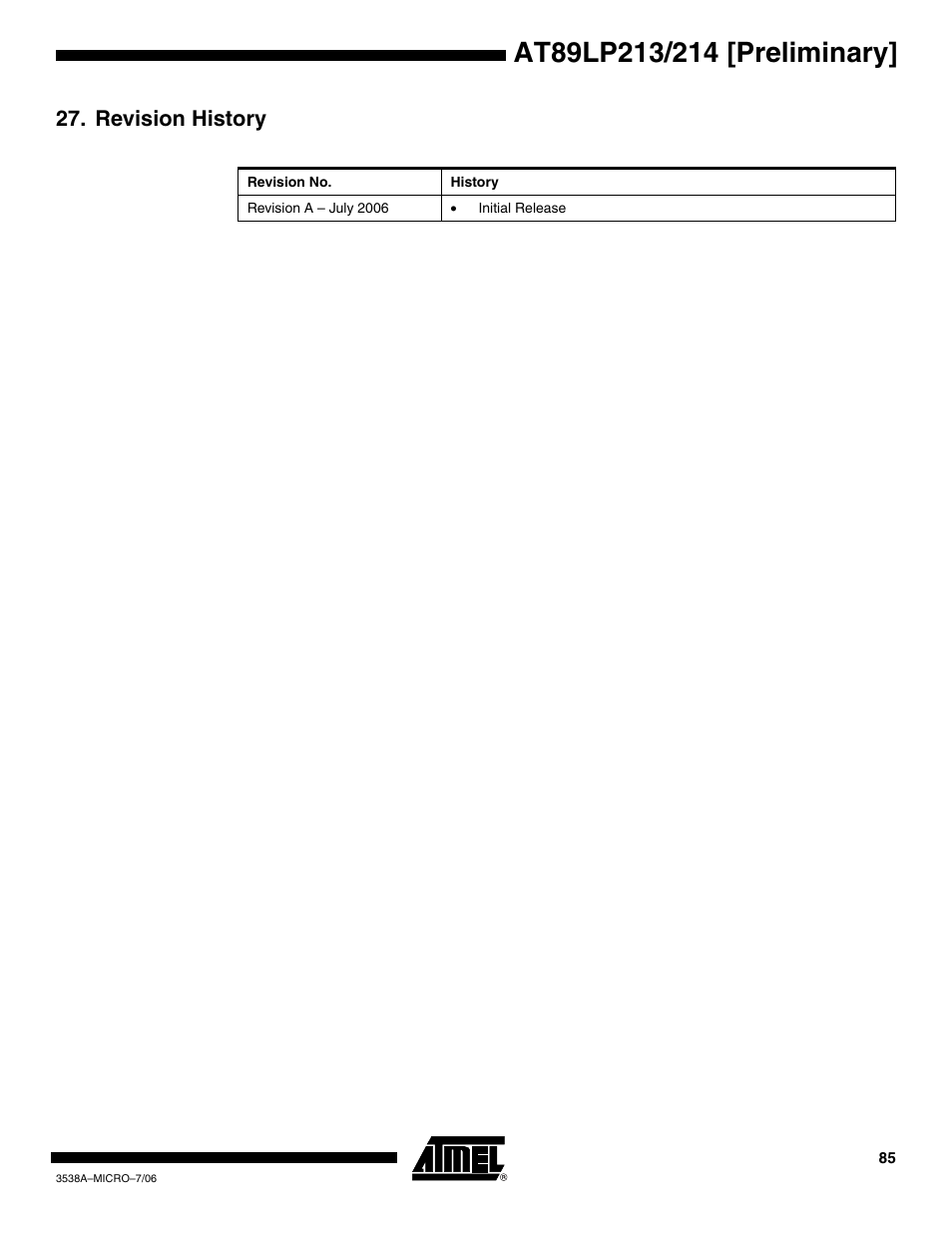 Revision history | Rainbow Electronics AT89LP214 User Manual | Page 85 / 90