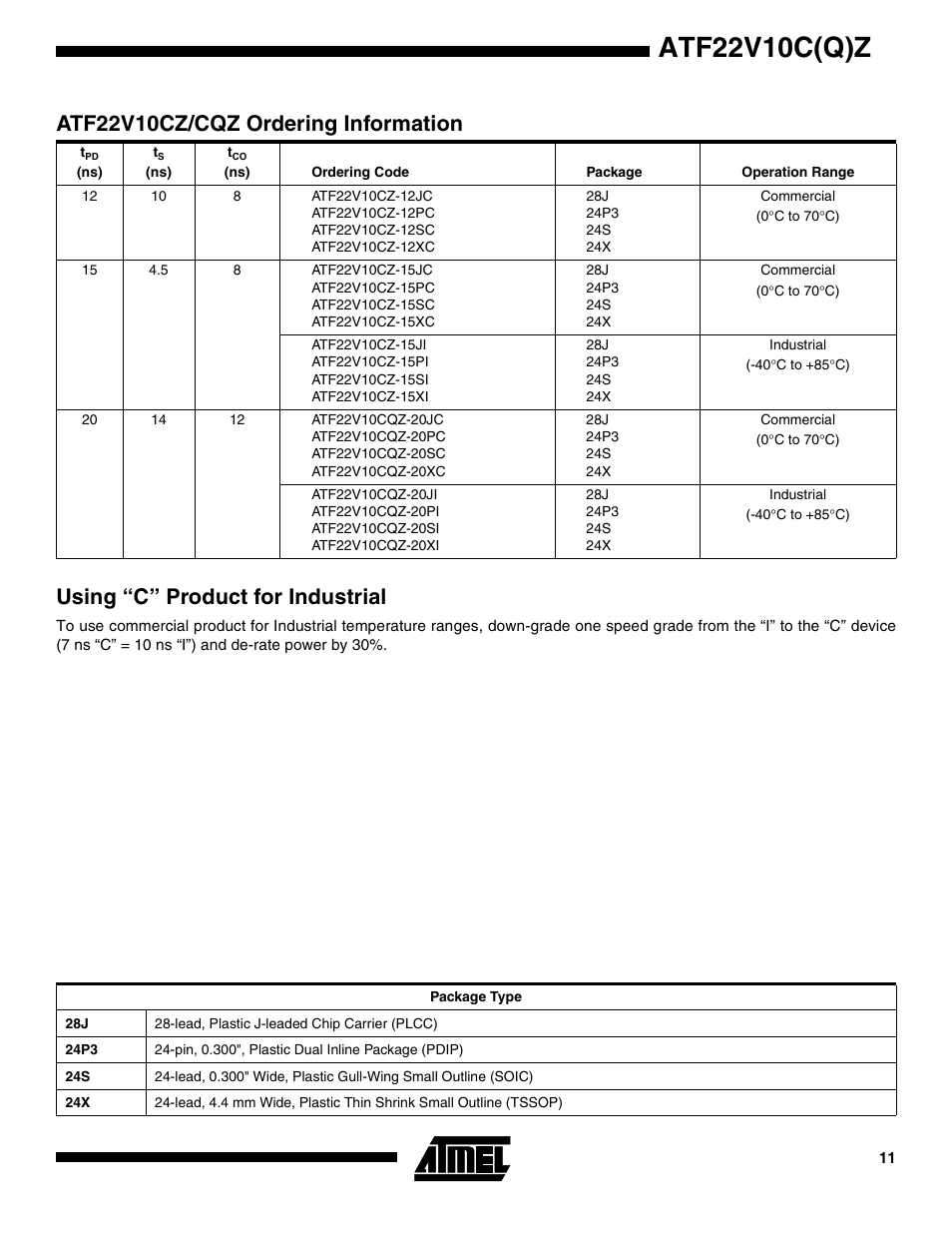 Atf22v10cz/cqz ordering information, Using “c” product for industrial, Atf22v10c(q)z | Rainbow Electronics ATF22V10CQZ User Manual | Page 11 / 13