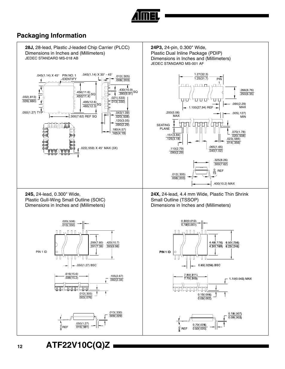Atf22v10c(q)z, Packaging information | Rainbow Electronics ATF22V10CQZ User Manual | Page 12 / 13