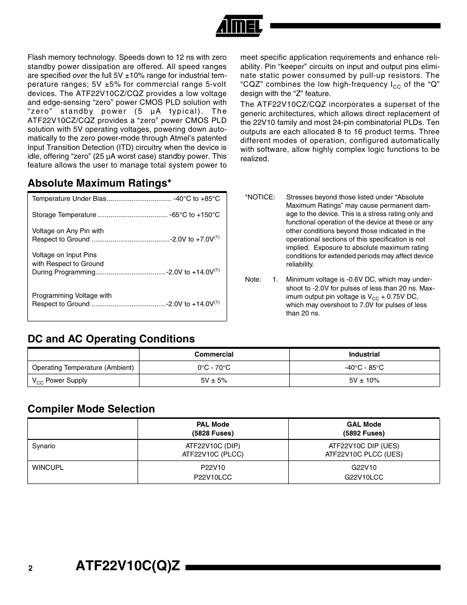 Absolute maximum ratings, Dc and ac operating conditions, Compiler mode selection | Atf22v10c(q)z | Rainbow Electronics ATF22V10CQZ User Manual | Page 2 / 13