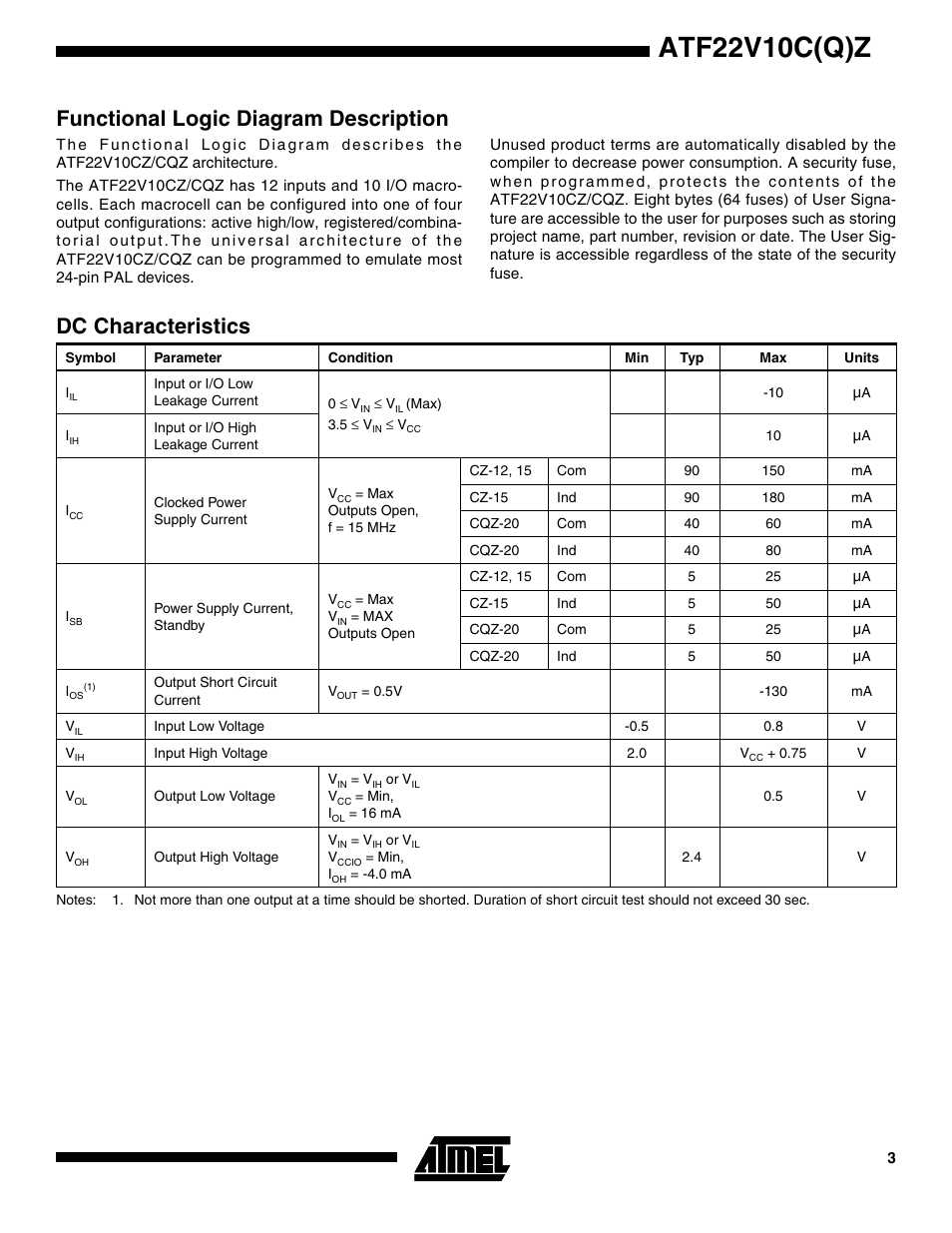 Functional logic diagram description, Dc characteristics, Atf22v10c(q)z | Rainbow Electronics ATF22V10CQZ User Manual | Page 3 / 13