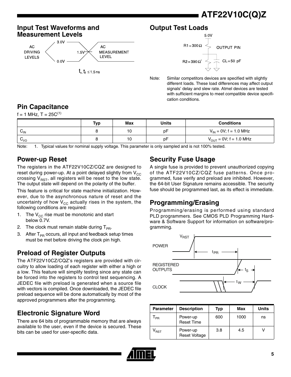Input test waveforms and measurement levels, Output test loads, Pin capacitance | Power-up reset, Preload of register outputs, Electronic signature word, Security fuse usage, Programming/erasing, Atf22v10c(q)z | Rainbow Electronics ATF22V10CQZ User Manual | Page 5 / 13