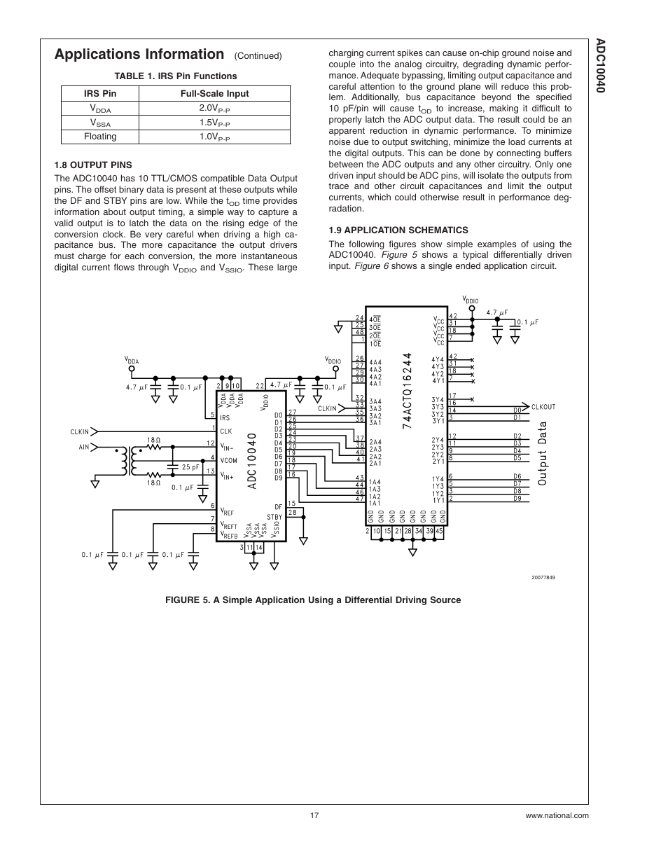 Table 1. irs pin functions, 8 output pins, 9 application schematics | Applications information | Rainbow Electronics ADC10040 User Manual | Page 17 / 19