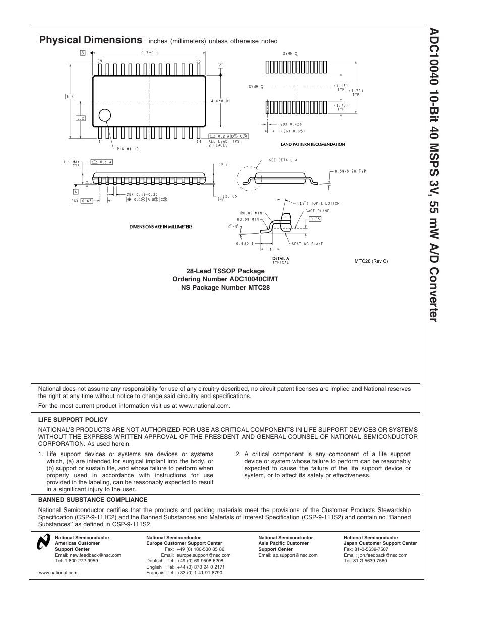 Physical dimensions | Rainbow Electronics ADC10040 User Manual | Page 19 / 19