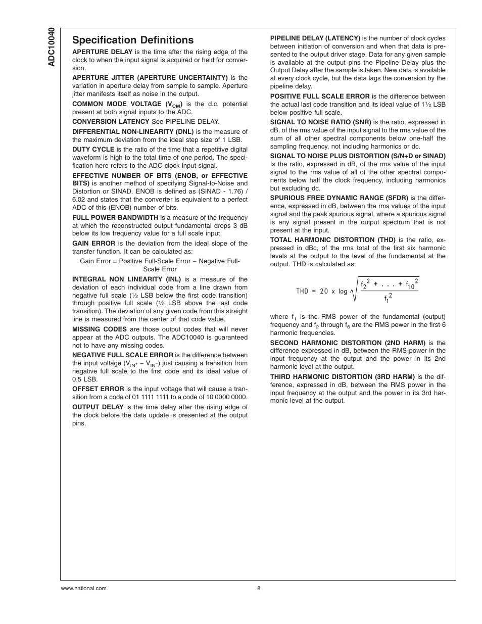 Specification definitions | Rainbow Electronics ADC10040 User Manual | Page 8 / 19