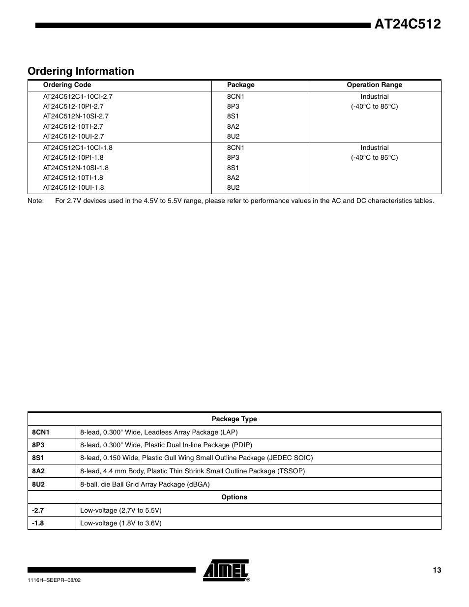 Ordering information | Rainbow Electronics AT24C512 User Manual | Page 13 / 19