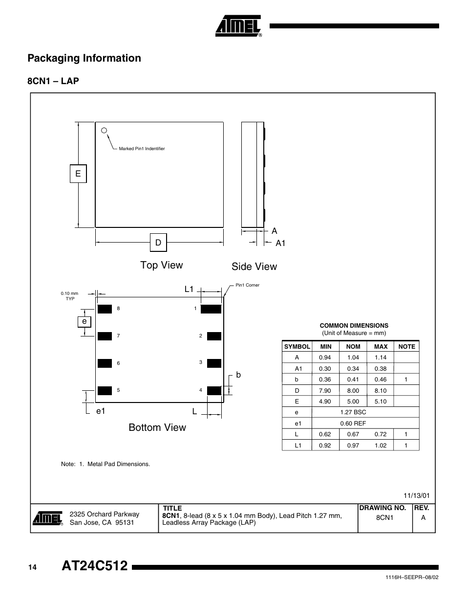 Packaging information, 8cn1 – lap, Top view | Side view, Bottom view, Lb e l1 e1, A1 a | Rainbow Electronics AT24C512 User Manual | Page 14 / 19