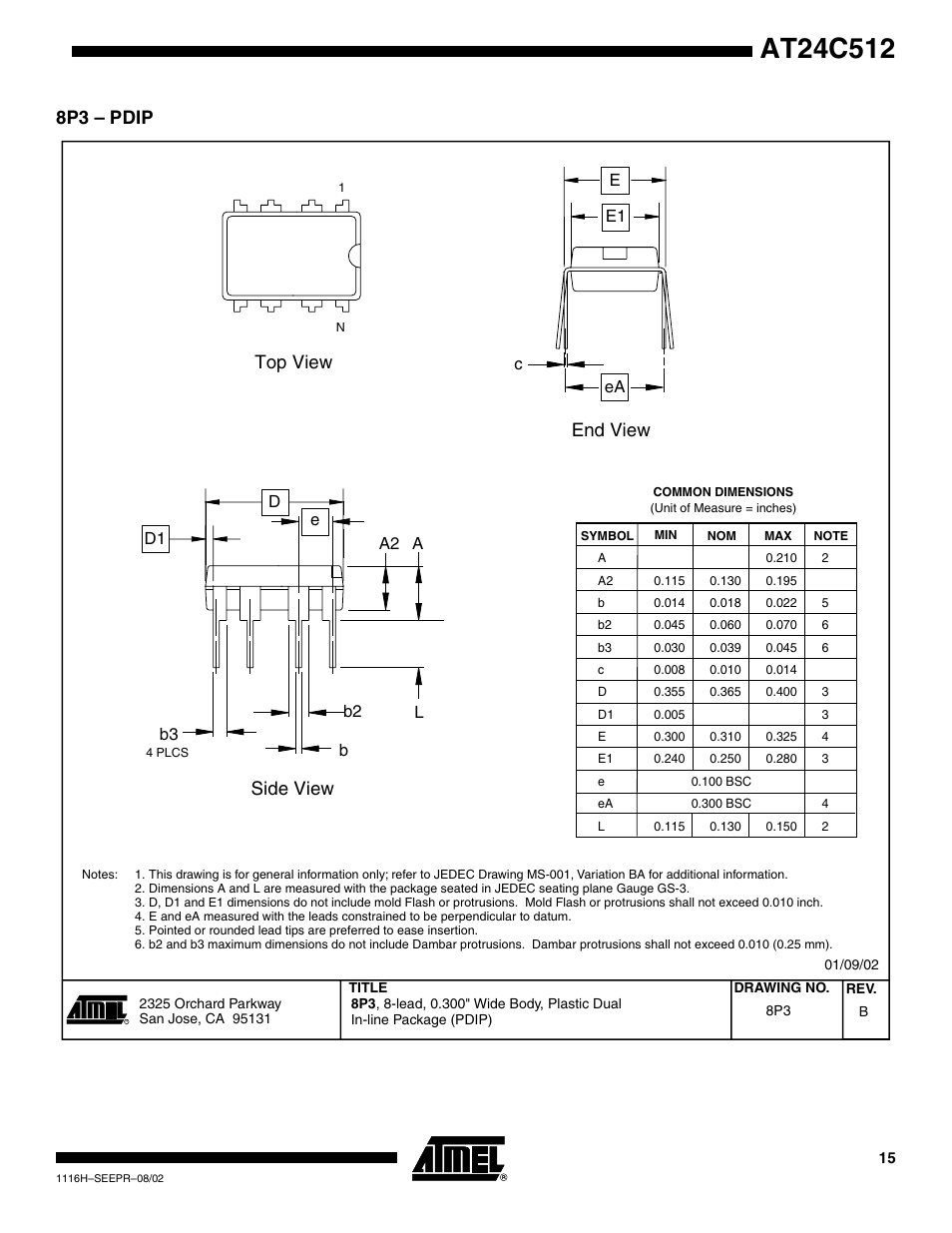 8p3 – pdip, Top view side view end view | Rainbow Electronics AT24C512 User Manual | Page 15 / 19