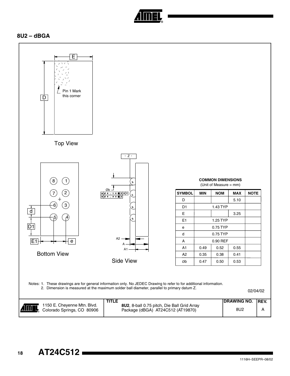 8u2 – dbga, Top view side view bottom view, De d e | E1 d1 | Rainbow Electronics AT24C512 User Manual | Page 18 / 19