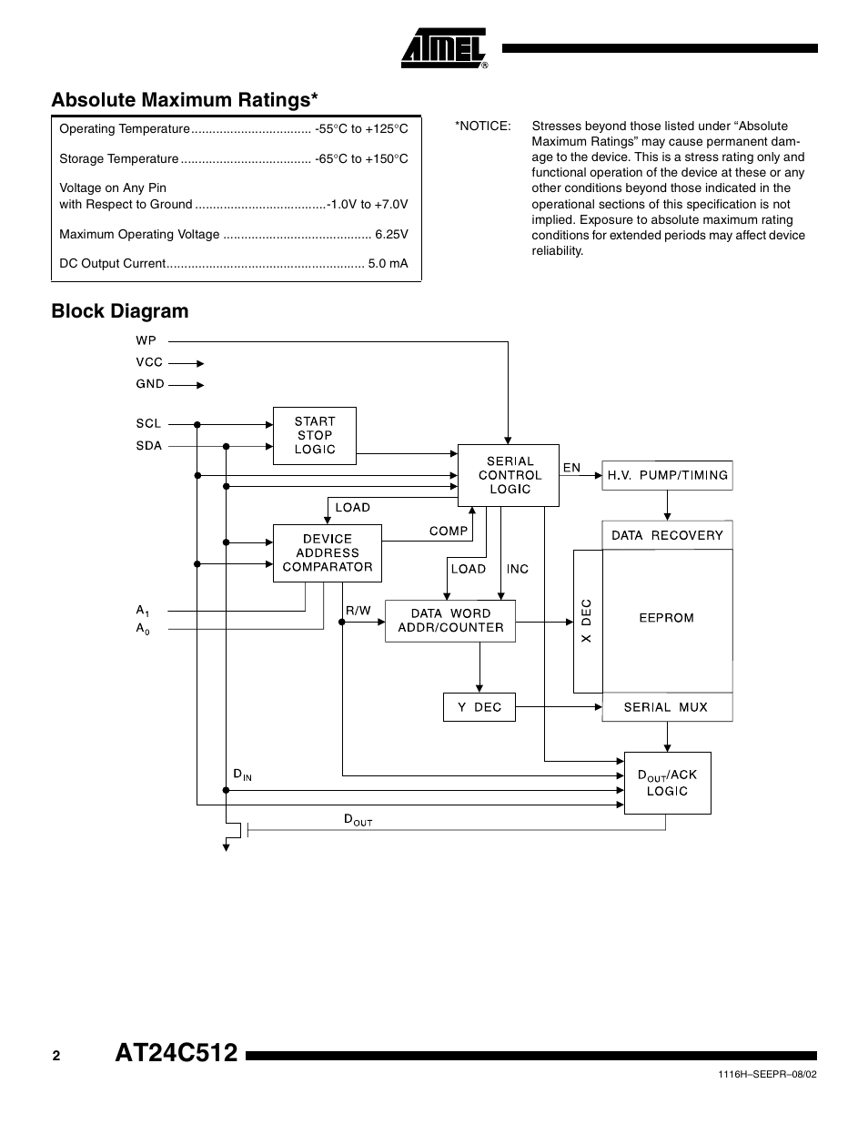 Block diagram, Block diagram absolute maximum ratings | Rainbow Electronics AT24C512 User Manual | Page 2 / 19