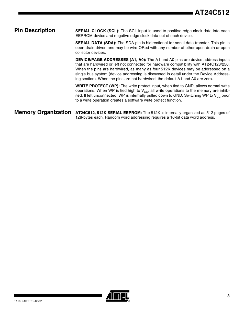 Pin description, Memory organization | Rainbow Electronics AT24C512 User Manual | Page 3 / 19