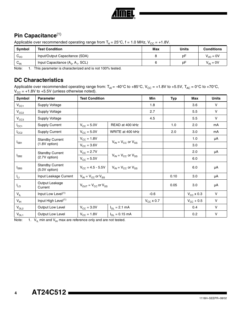 Pin capacitanc e, Dc characteristics | Rainbow Electronics AT24C512 User Manual | Page 4 / 19