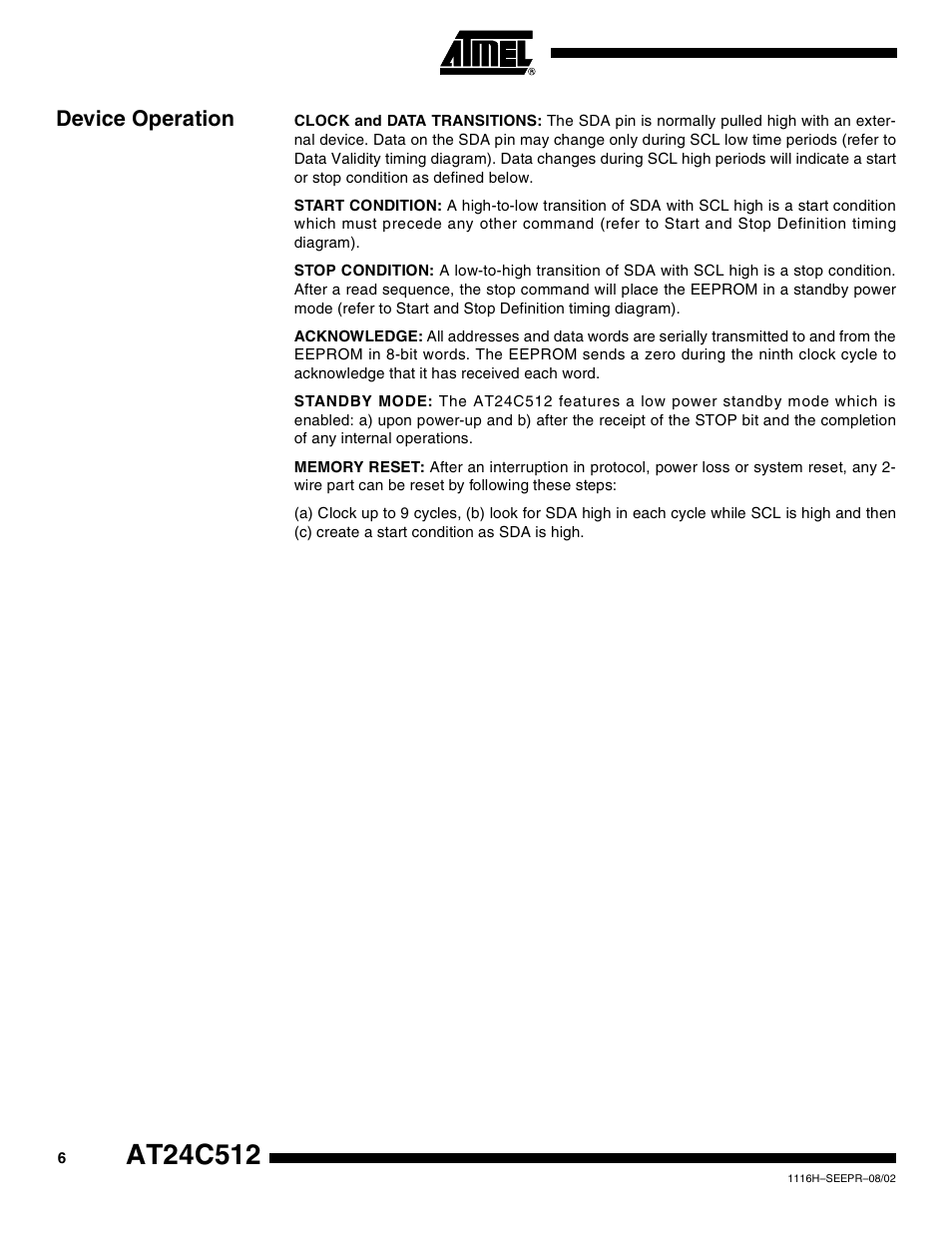 Device operation | Rainbow Electronics AT24C512 User Manual | Page 6 / 19
