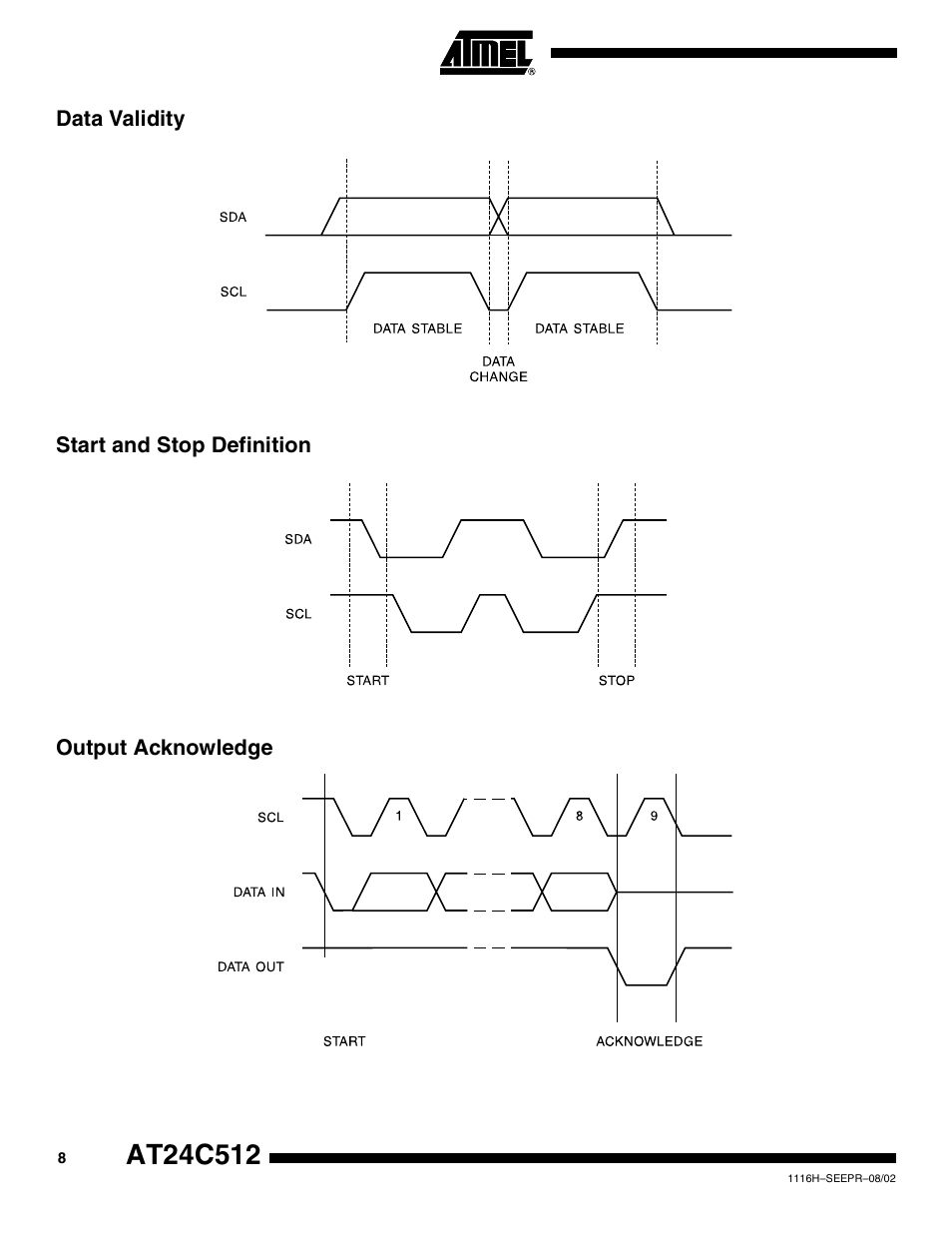 Data validity, Start and stop definition, Output acknowledge | Rainbow Electronics AT24C512 User Manual | Page 8 / 19