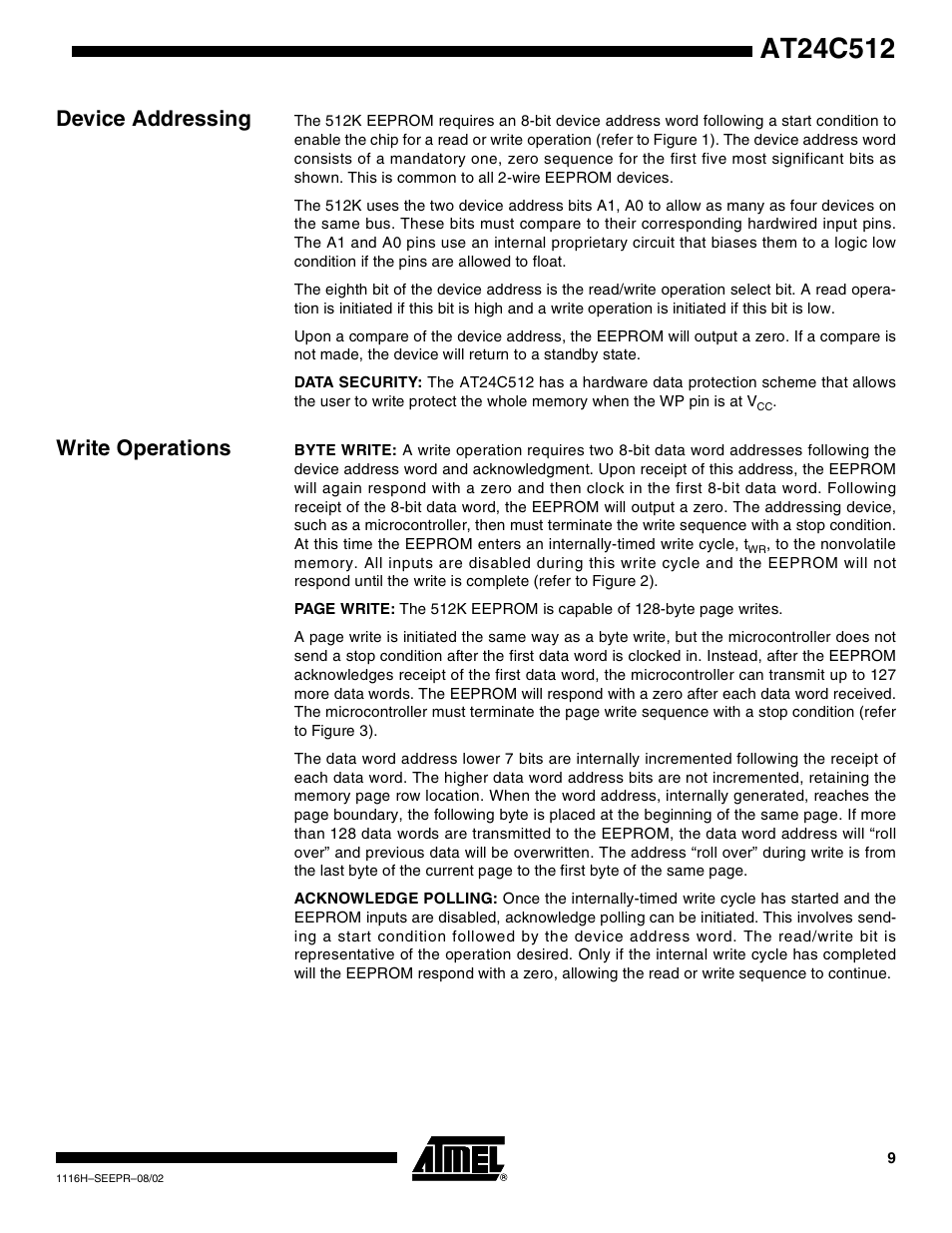 Device addressing, Write operations | Rainbow Electronics AT24C512 User Manual | Page 9 / 19