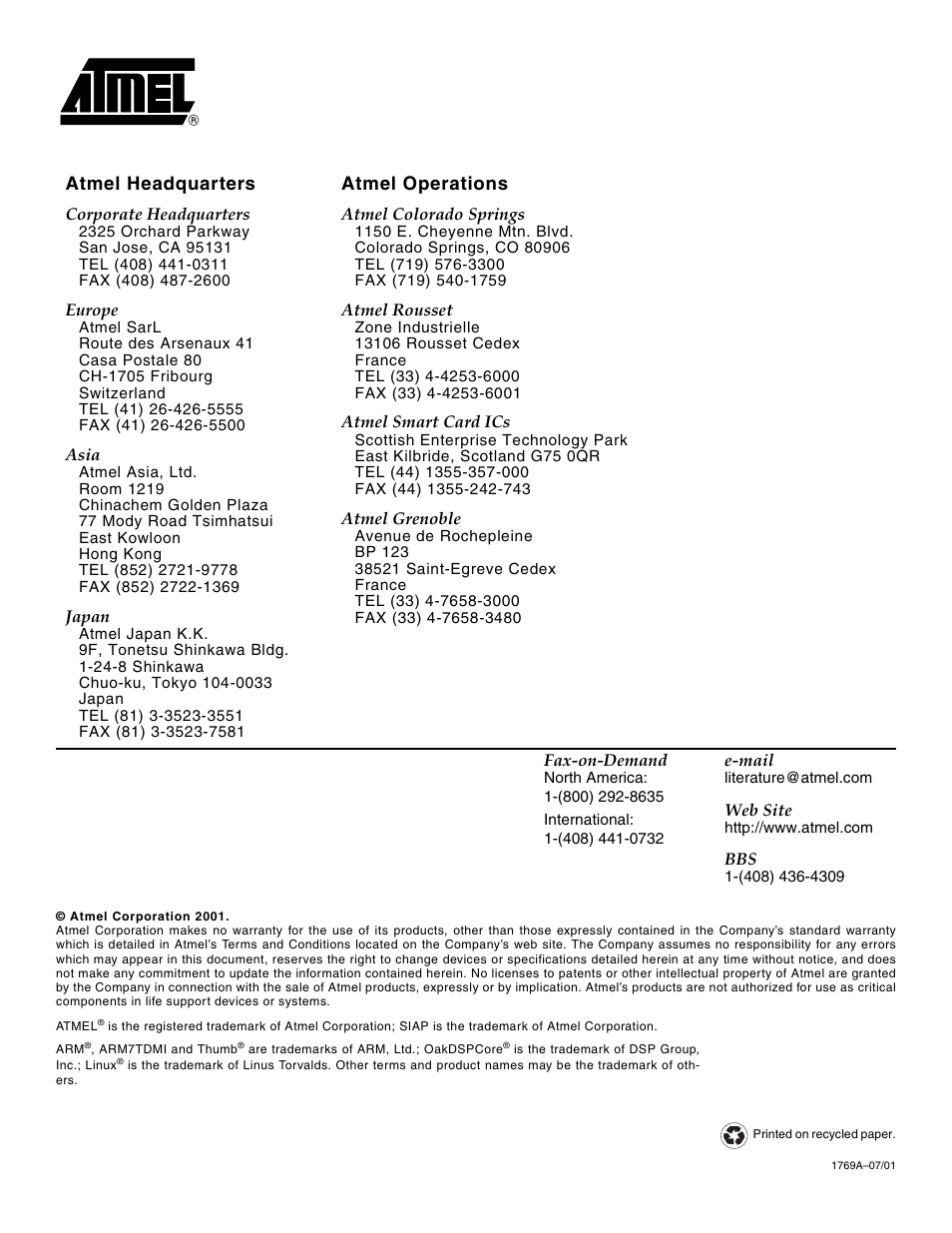 Atmel headquarters atmel operations | Rainbow Electronics AT75C320 User Manual | Page 13 / 13