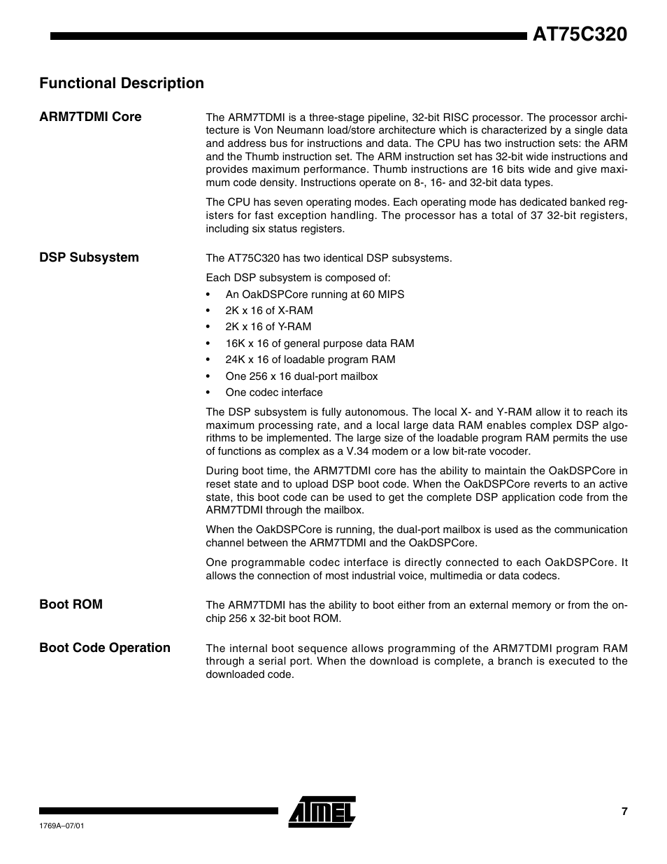 Functional description, Arm7tdmi core, Dsp subsystem | Boot rom, Boot code operation | Rainbow Electronics AT75C320 User Manual | Page 7 / 13