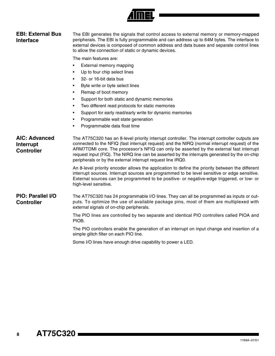 Ebi: external bus interface, Aic: advanced interrupt controller, Pio: parallel i/o controller | Rainbow Electronics AT75C320 User Manual | Page 8 / 13